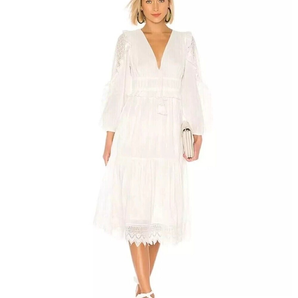 ULLA JOHNSON Sheila Embroidered Ruffled Lace Midi Dress in Pristine White Size 8